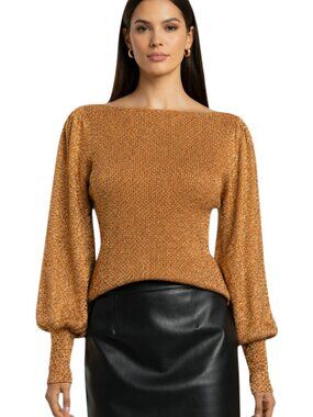 Ann Taylor Metallic Puff Sleeve Sweater Brown Gold Boatneck S